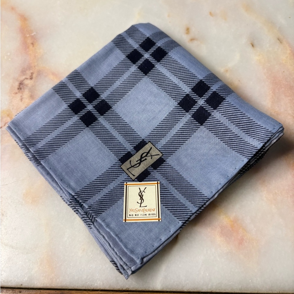 Yves Saint Laurent Blue and Black Plaid Pocket Square